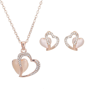 Set colier și cercei 3D inimă, aliaj, cu pietre încrustate mixte, lanț O