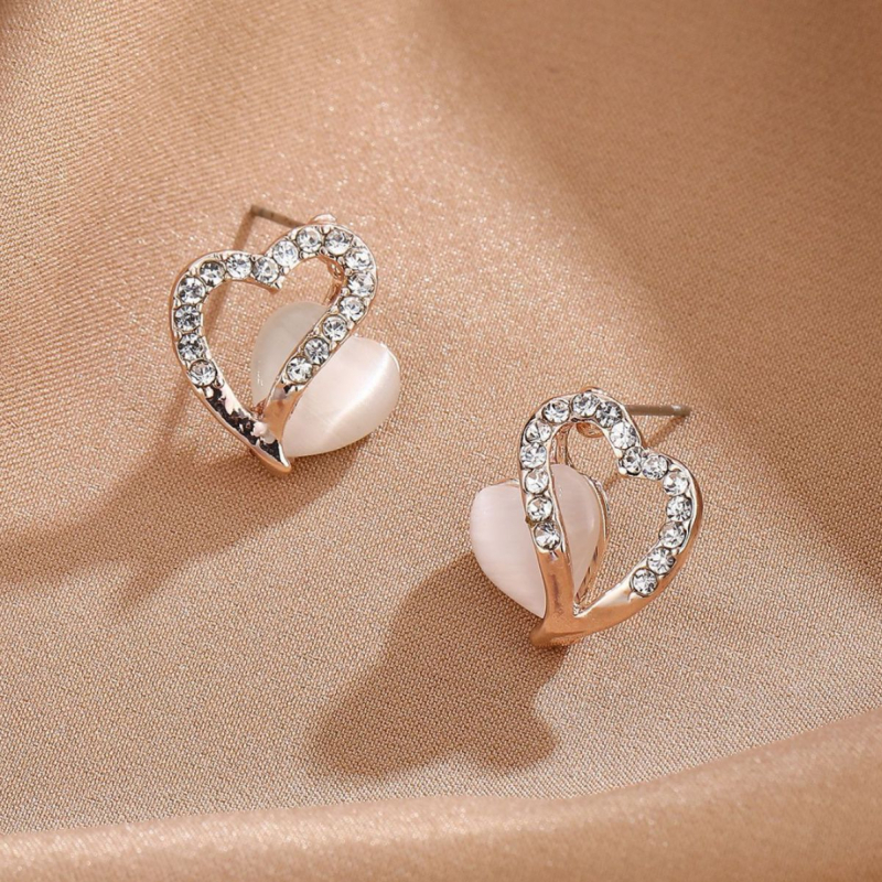 Set colier și cercei 3D inimă, aliaj, cu pietre încrustate mixte, lanț O