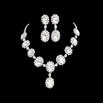 Set colier și cercei cu cristale ovale – pandantiv din cristale, lanț drept