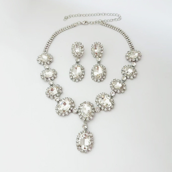Set colier și cercei cu cristale ovale – pandantiv din cristale, lanț drept