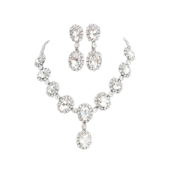 Set colier și cercei cu cristale ovale – pandantiv din cristale, lanț drept