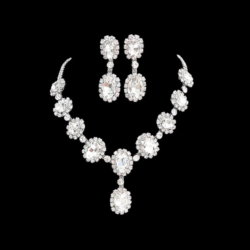Set colier și cercei cu cristale ovale – pandantiv din cristale, lanț drept