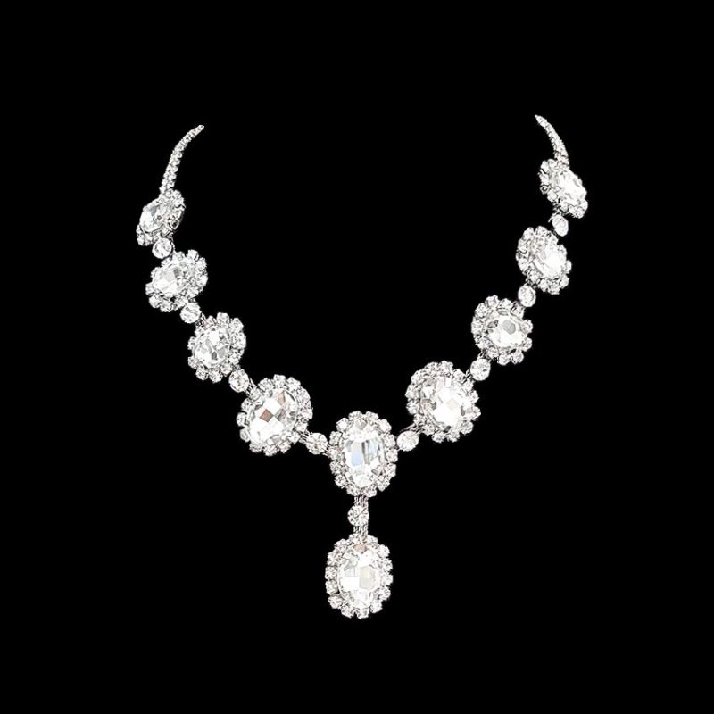 Set colier și cercei cu cristale ovale – pandantiv din cristale, lanț drept