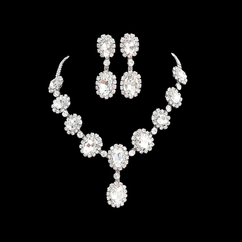 Set colier și cercei cu cristale ovale – pandantiv din cristale, lanț drept