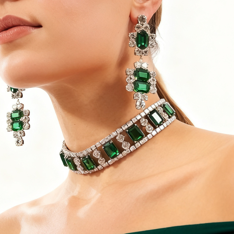 Set de bijuterii: cercei + colier, stil feminin vintage, model Rhinestone: inimă/picătură/clopot, electroplating