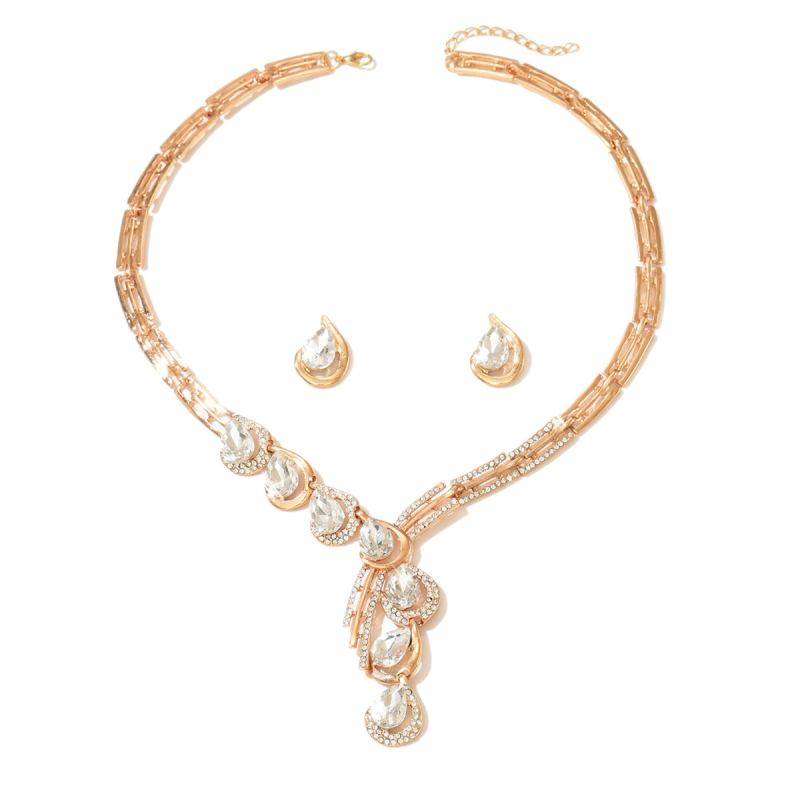 Set colier și cercei | Cristale artificiale, Model: cruce/coroană/numere romane, Pandantiv din aliaj, Lanț standard, Include: cercei + colier