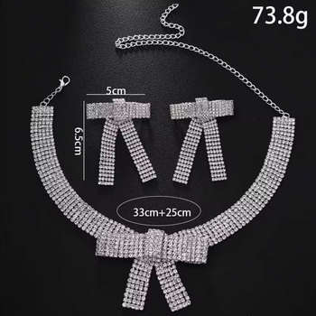 Set colier și cercei cu paiete în formă de fundă – placare electroplatinată, lanț regulat, bijuterii elegante pentru femei