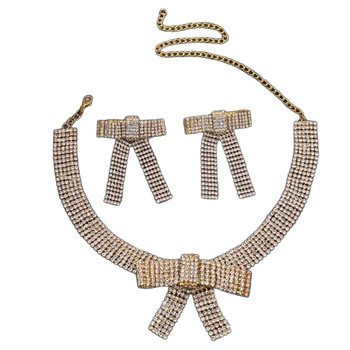 Set colier și cercei cu paiete în formă de fundă – placare electroplatinată, lanț regulat, bijuterii elegante pentru femei