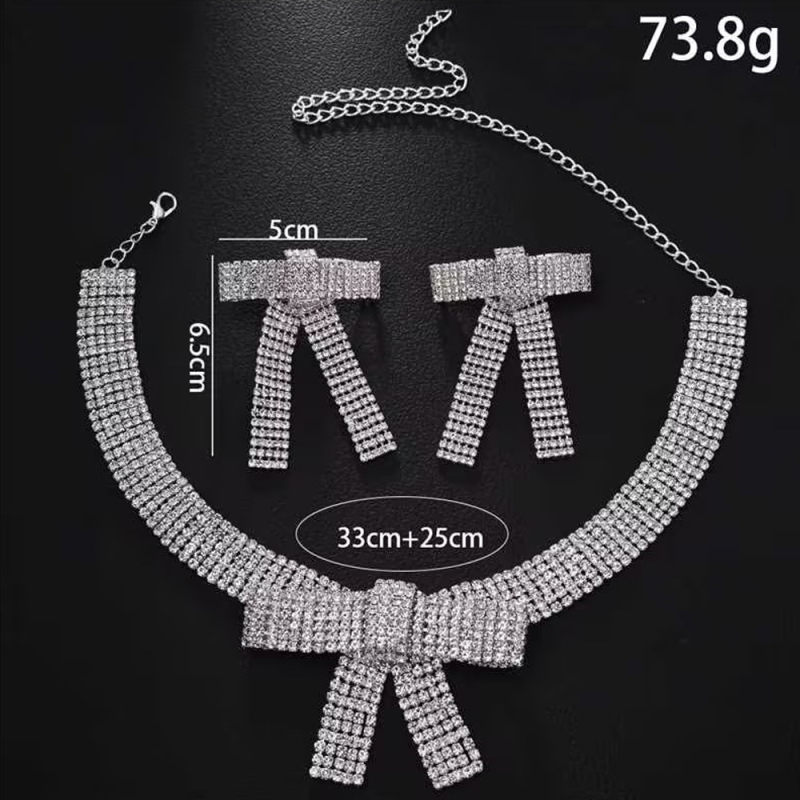 Set colier și cercei cu paiete în formă de fundă – placare electroplatinată, lanț regulat, bijuterii elegante pentru femei