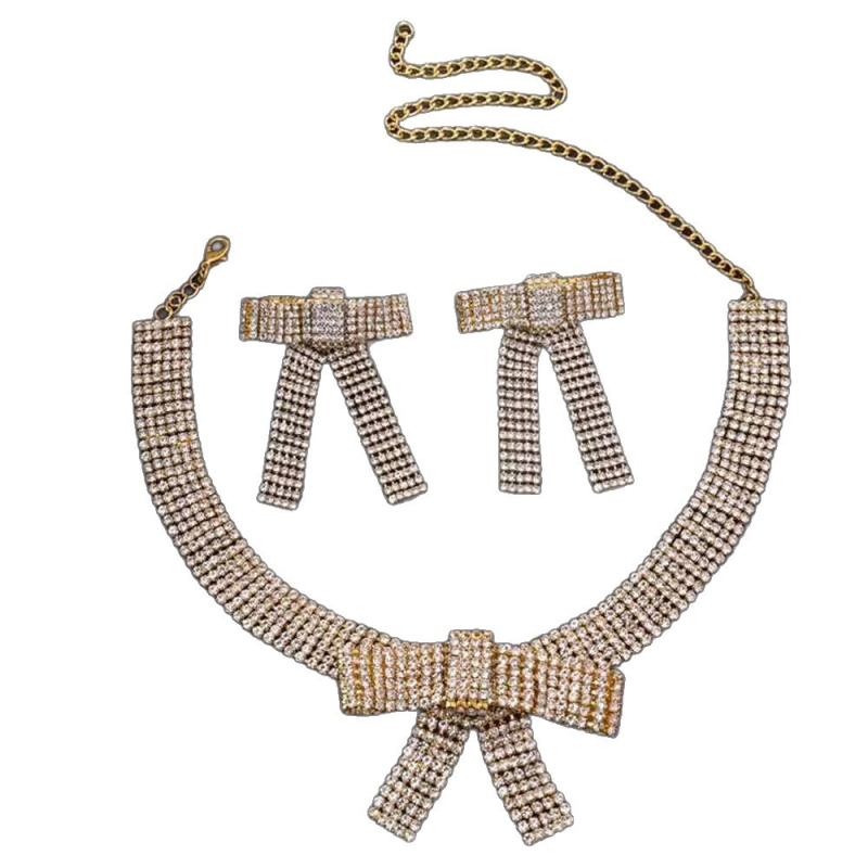 Set colier și cercei cu paiete în formă de fundă – placare electroplatinată, lanț regulat, bijuterii elegante pentru femei