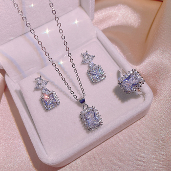 Princess Square Diamond Set de bijuterii — bază din cupru, prelucrare cu diamant, încrustare din pietre mixte, model geometric, cercei, inel și colier