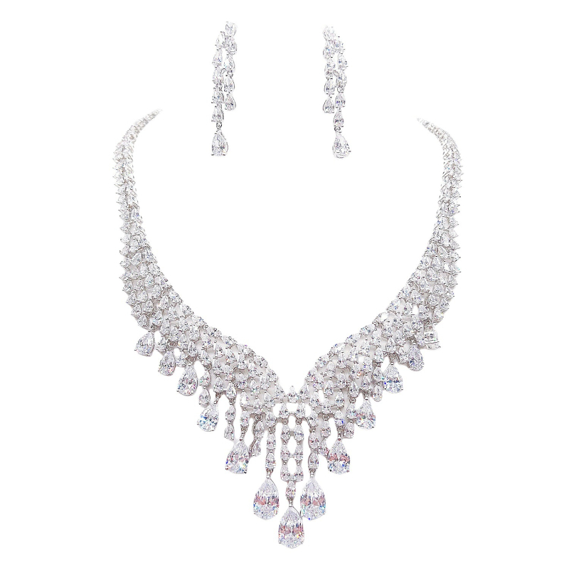 Set colier și cercei cu picături de zirconiu, luciu fin, lanț în spirală, pandantiv din aliaj