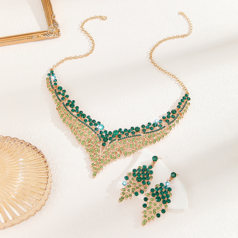 Set de bijuterii pentru nuntă: colier, cercei și brățară din aliaj cu rhinestones, model floral cu plante, lanț obișnuit, primăvara 2024