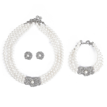 Set de bijuterii din perle artificiale, șiruri multiple de rhinestones, colier cu perlă pe lanț; include cercei și brățară