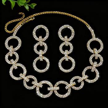 Set colier și cercei cu rhinestones, placare aur, tăiere diamant, model geometric, lanț regulat
