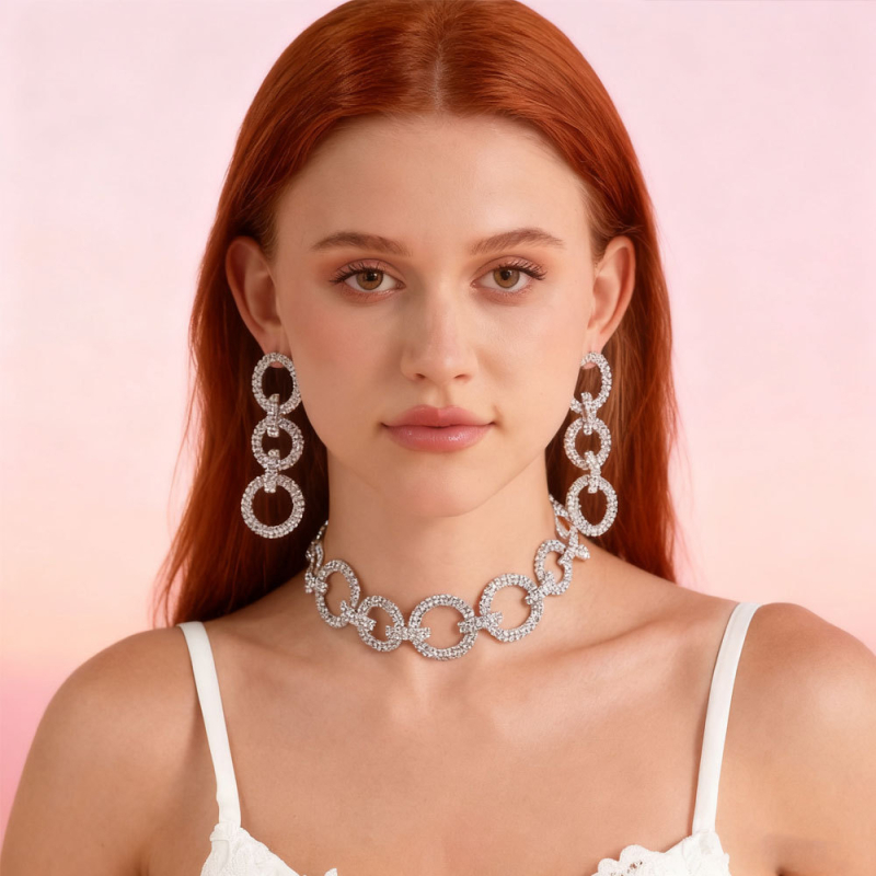 Set colier și cercei cu rhinestones, placare aur, tăiere diamant, model geometric, lanț regulat