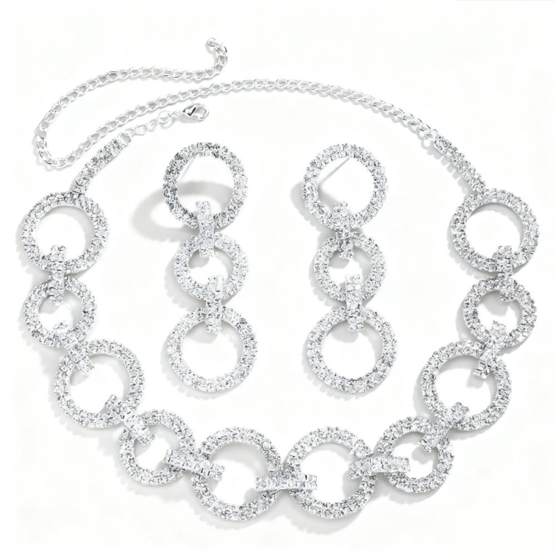 Set colier și cercei cu rhinestones, placare aur, tăiere diamant, model geometric, lanț regulat