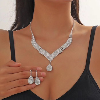 Set colier și cercei din rhinestone, placare electroplatinată, lanț clasic, stil lux lejer