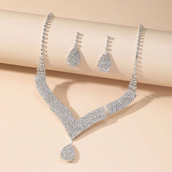 Set colier și cercei din rhinestone, placare electroplatinată, lanț clasic, stil lux lejer