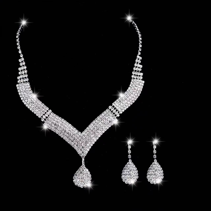Set colier și cercei din rhinestone, placare electroplatinată, lanț clasic, stil lux lejer