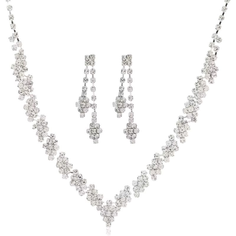 Set naušnica i ogrlica od rhinestones s običnim lancem; privjesak od rhinestones; uzorci: križ, kruna, rimski brojevi