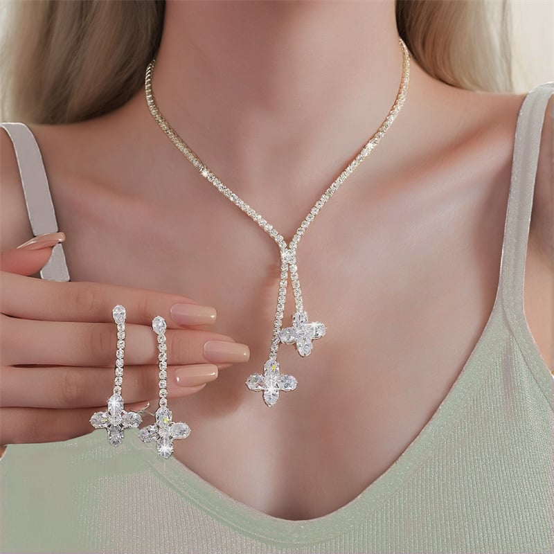 Set ogrlice i naušnica s rhinestones u geometrijskom snježnom motivu, višeslojni, obična lančić, 2 komada