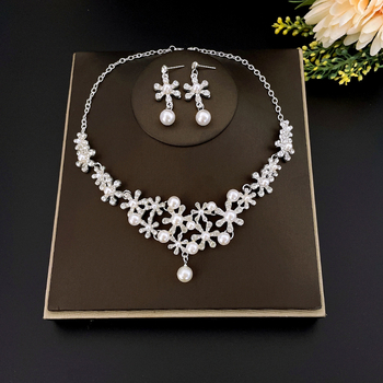Set mireasă colier și cercei din aliaj, pandantiv cu perle, cristale, lanț șarpe