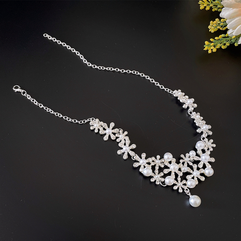 Set mireasă colier și cercei din aliaj, pandantiv cu perle, cristale, lanț șarpe