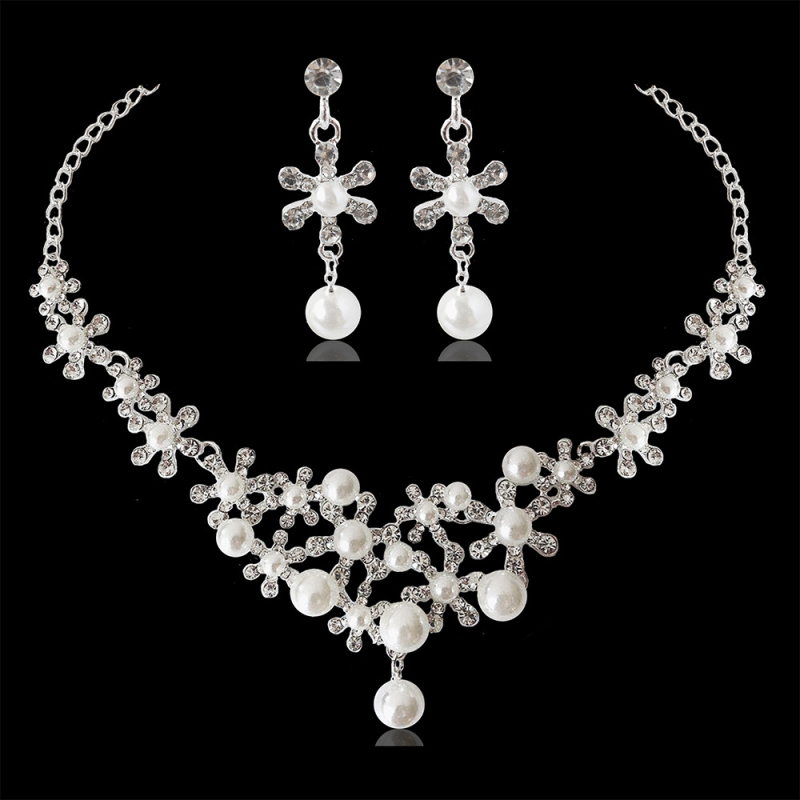 Set mireasă colier și cercei din aliaj, pandantiv cu perle, cristale, lanț șarpe