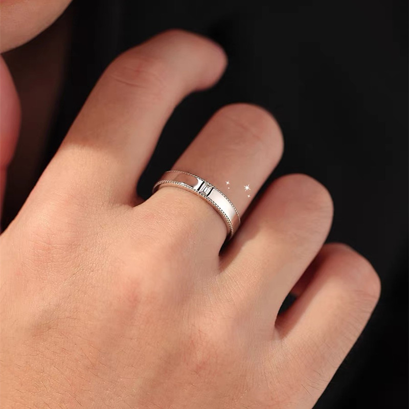 Inel masculin din argint 925 cu Moissanit, margine cu mărgele, rând pătrat de diamante, placare electroplată