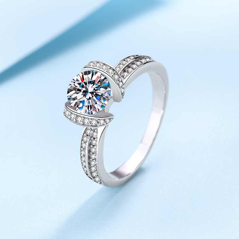 Női 925 ezüst gyűrű moissanit kövekkel, U-formájú geometriai dizájn, elektroplatált felület