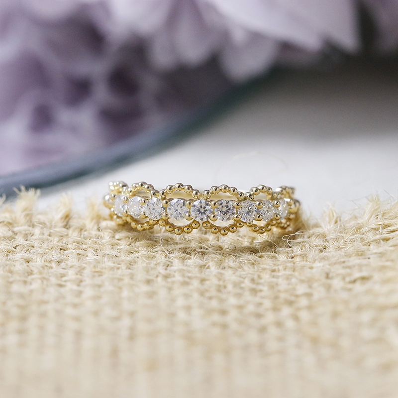 Prsten s moissanitom, 925 srebro s pozlatom 14K, japanski stil čipkasti prorezani uzorak, ženski modni nakit