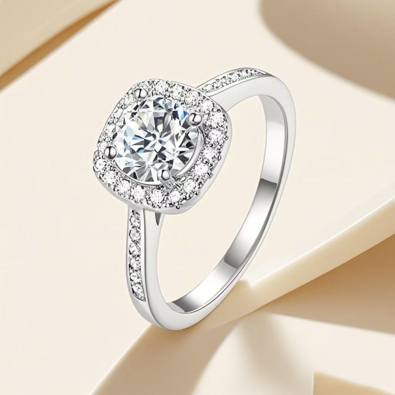 Inel din argint 925 cu moissanit, motiv floare, montură pătrată