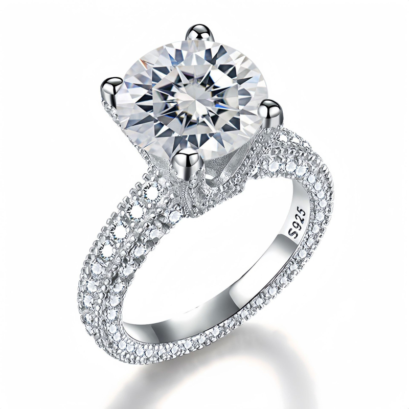 Prsten Moissanite 5 karata, okrugli rez, četveroprstno postavljanje, srebro 925 s premazom 18K zlata