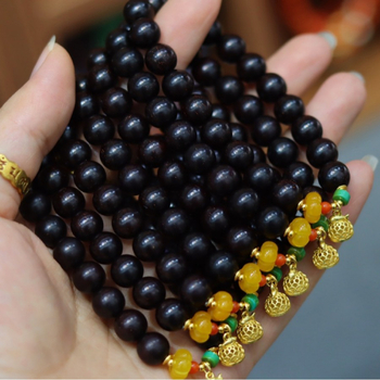 Ručni rad, vintage unisex narukvica od small-leaf rosewood s Buddha perlama, 21 perla, geometrijski dizajn