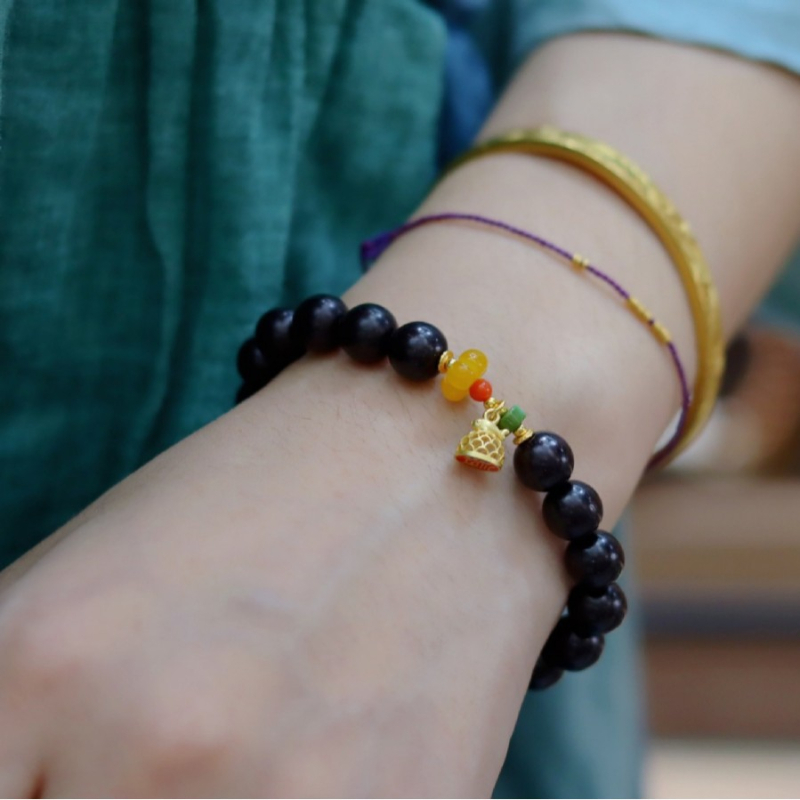 Ručni rad, vintage unisex narukvica od small-leaf rosewood s Buddha perlama, 21 perla, geometrijski dizajn