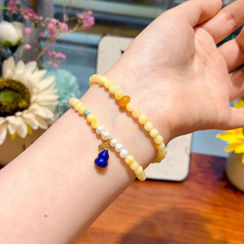 Brățară din ceară de albine, design original DIY, brățară cu două bucle, mărgele de lapis lazuli în formă de dovleac, lucrată manual, 54 de mărgele