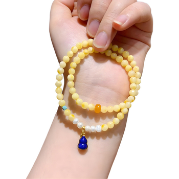 Brățară din ceară de albine, design original DIY, brățară cu două bucle, mărgele de lapis lazuli în formă de dovleac, lucrată manual, 54 de mărgele