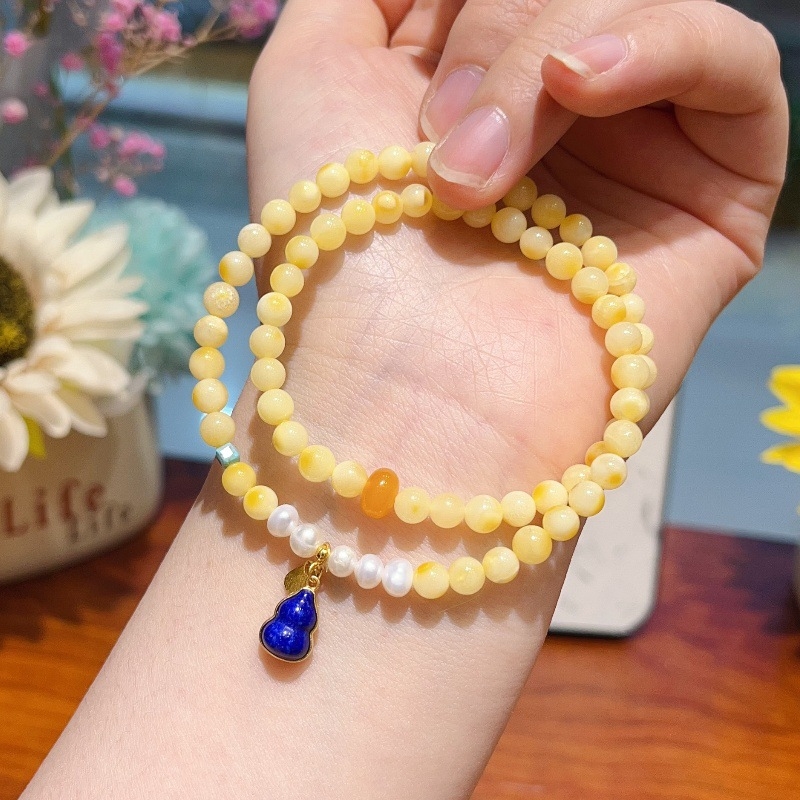 Brățară din ceară de albine, design original DIY, brățară cu două bucle, mărgele de lapis lazuli în formă de dovleac, lucrată manual, 54 de mărgele