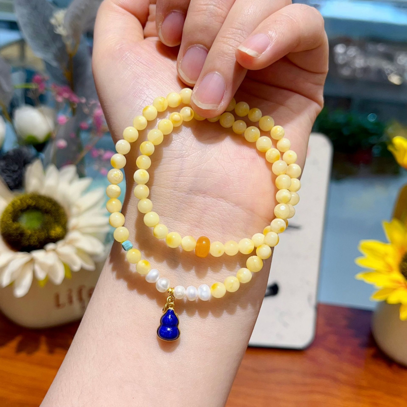 Brățară din ceară de albine, design original DIY, brățară cu două bucle, mărgele de lapis lazuli în formă de dovleac, lucrată manual, 54 de mărgele