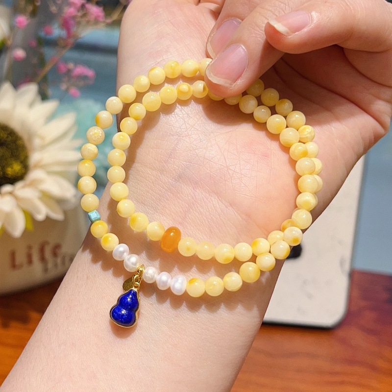 Brățară din ceară de albine, design original DIY, brățară cu două bucle, mărgele de lapis lazuli în formă de dovleac, lucrată manual, 54 de mărgele