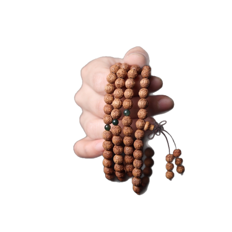 Brățară din Laoshan santalwood, 108 mărgele, mantra Buddha de șase cuvinte, design cu cercuri multiple, finisaj natural lucios
