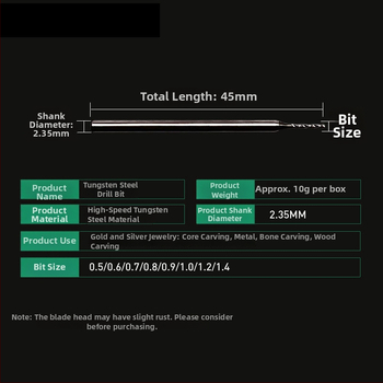 Volframa tērauda urbja adatas rotaslietu caurumu urbšanai un to paplašināšanai (zelta un sudraba), dzintars, bišu vasks, budistu pērlītes; spirālais urbji koka un metāla lietojumiem
