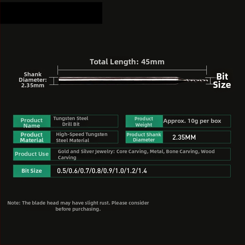 Volframa tērauda urbja adatas rotaslietu caurumu urbšanai un to paplašināšanai (zelta un sudraba), dzintars, bišu vasks, budistu pērlītes; spirālais urbji koka un metāla lietojumiem