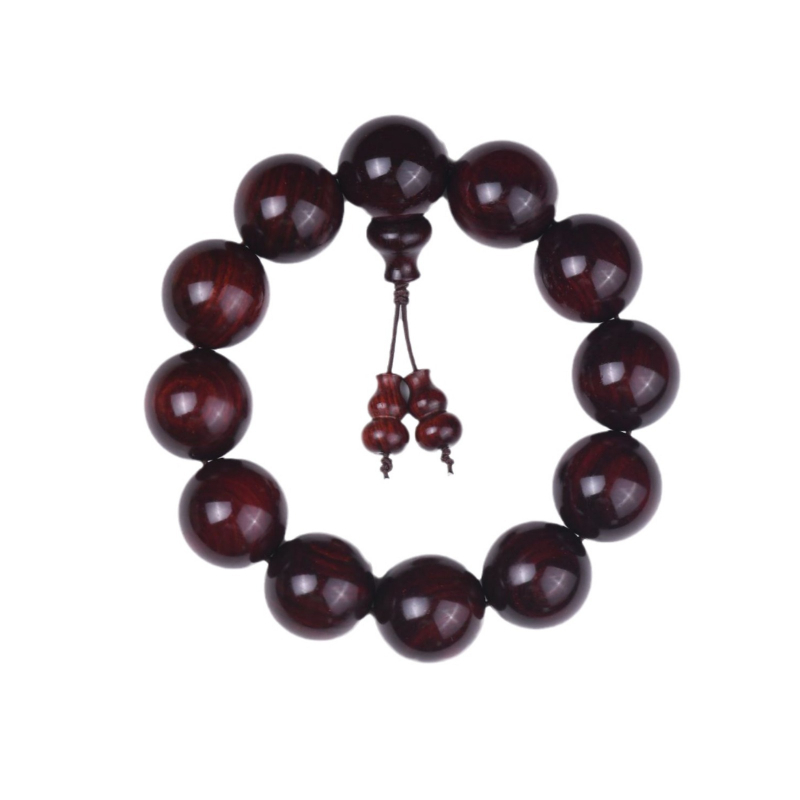 Brățară din lemn de santal roșu cu frunze mici, 108 mărgele, lustruită, design geometric, inserții placate cu aur