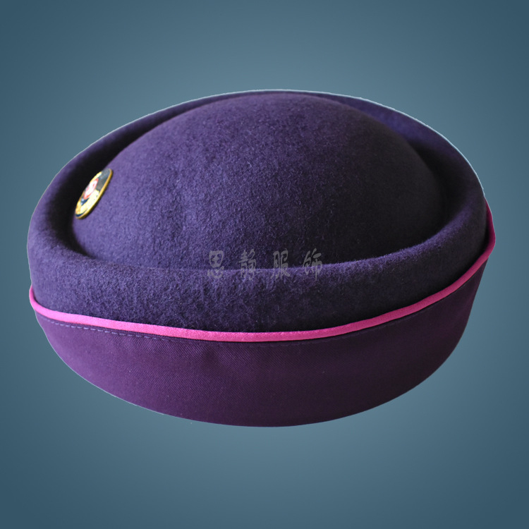 Șapcă de stewardesă din lână, țesătură twill, model monocrom, vârf sferic, margine plată (Lână; Țesătură twill; Monocrom; Vârf sferic; Margine plată)