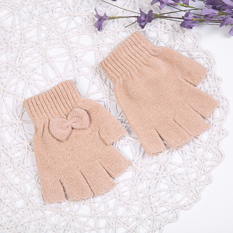 Bērnu Chenille puspirkstu cimdi ar pīti dizainu, Korejas stilā, silti ziemai un rudensim