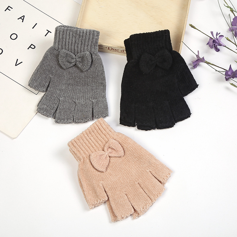 Bērnu Chenille puspirkstu cimdi ar pīti dizainu, Korejas stilā, silti ziemai un rudensim