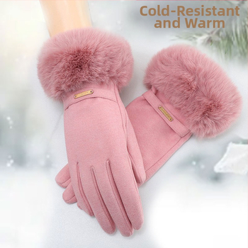 Sieviešu cimdi DERONG no mākslīgā trušu kažokādas, siltināti ziemai, neslīdoši, pretvēja, piemēroti velobraukšanai