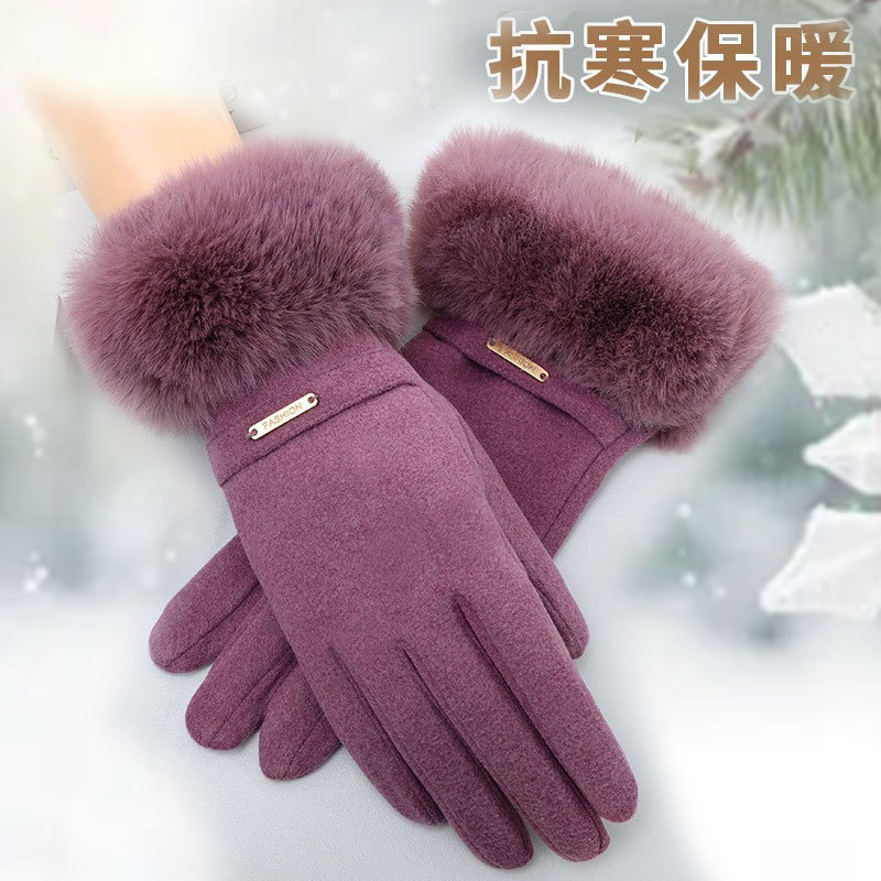 Sieviešu cimdi DERONG no mākslīgā trušu kažokādas, siltināti ziemai, neslīdoši, pretvēja, piemēroti velobraukšanai